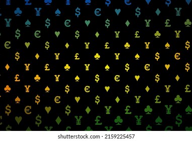 Dark green, yellow vector texture with playing cards. Illustration with set of hearts, spades, clubs, diamonds. Pattern for booklets, leaflets of gambling houses.