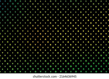 Textura vectorial de color verde oscuro y amarillo con cartas de juego. Decoración borrosa de corazones, espadas, palos, diamantes. Patrón de folletos de juegos de póquer, eventos.