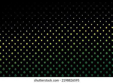 Dark green, yellow vector texture with playing cards. Blurred decorative design of hearts, spades, clubs, diamonds. Smart design for your business advert of casinos.