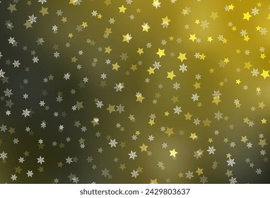 Dunkelgrüne, gelbe Vektorstruktur mit farbigen Schneeflocken, Sternen. Leuchtende bunte Illustration mit Gradientenschneeformen. Design für Neujahr Anzeige, Broschüren.