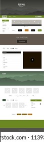 Dark Green, Yellow vector ui ux kit with hills and rocks. Colorful ui/ux kit with header consisted of hills & rocks. Simple colorful design for tourist websites.