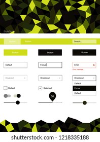 Dark Green, Yellow vector web ui kit in polygonal style. Ui Ux kit with colorful polygonal background in its header. Beautiful layout for websites, landing pages.