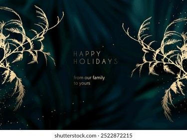 Dark greenery Christmas foliage vector background. Golden festive branch wedding invitation. Leaves card postcard texture. Chic style save the date. Elegant outdoor party template garland. Night frame