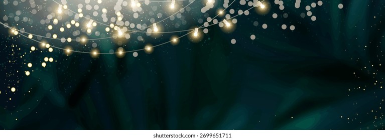 Fondo de Vector de follaje exótico verde oscuro. Árboles tropicales azules negros invitación de boda. Deja la textura de la tarjeta. Guardar Arte de cristal de la línea dorada. Estilo de la isla de la fecha. Elegante Plantilla de fiesta al aire libre