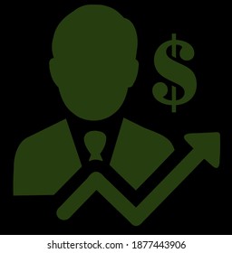 Dark GreenIcon showing a man with an arrow going upwards and a dollar sign in black background.