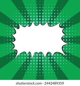 Dark greenish Pop art. Comic book style. Abstract explosion. Base for sale banners, advertisment posts, business cards, brochure, social media. Textbox for custom text. Halftone effect. Editable