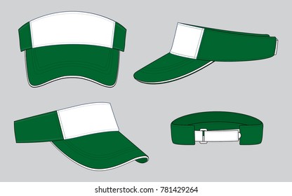 Dark Green-White Sun Visor Cap With White Sandwich, Adjustable Hook-Loop Closure Strap Design On Gray Background, Vector File