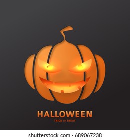  Dark greeting card design for halloween. Paper art style vector illustration. Festive banner with pumpkin smile.