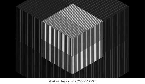 Dark grey abstract 3d cube with minimal lines, geometric tech background. Vector concept linear design
