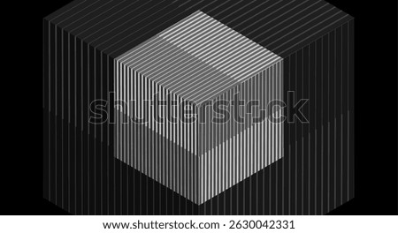 Dark grey abstract 3d cube with minimal lines, geometric tech background. Vector concept linear design