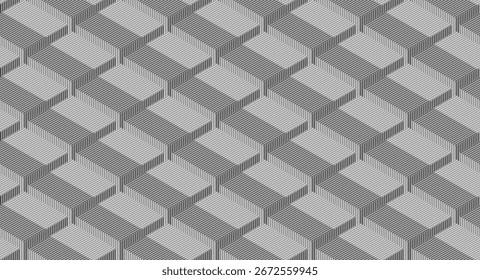 Dark grey abstract 3d cubes with minimal lines, geometric tech background. Vector concept linear design