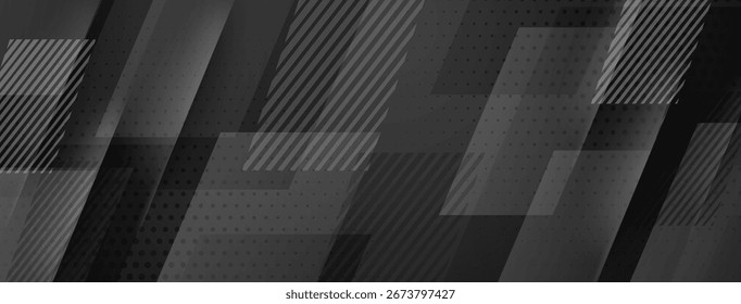 Fondo abstracto gris oscuro con líneas diagonales, puntos y rectángulos transparentes, creando un efecto dinámico en capas.