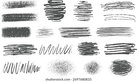 Cinza escuro abstrato pincel traça rabiscos e texturas pontilhadas em um fundo branco.