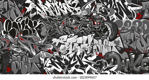 Dark Grey Abstract Graffiti Street Art Seamless Pattern. Vector Illustration Background Art