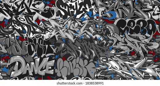 Dark Grey Abstract Graffiti Street Art Seamless Pattern. Hip-Hop Vector Illustration Background Art