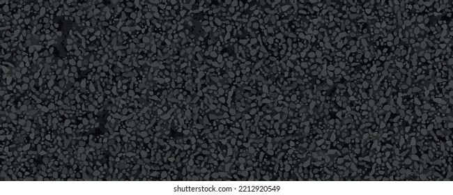 Dark grey abstract tarmac seamless texture top view. Black asphalt pattern. Vector illustration of road coat material. Grunge granular closeup surface. Bitumen grain highway backdrop