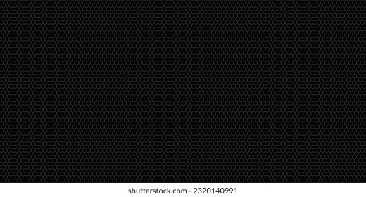 Banner horizontal amplio y oscuro de color gris oscuro con rejilla de fibra de carbono hexagonal y líneas luminosas anaranjadas. Fondo vectorial de tecnología con líneas de neón anaranjado.