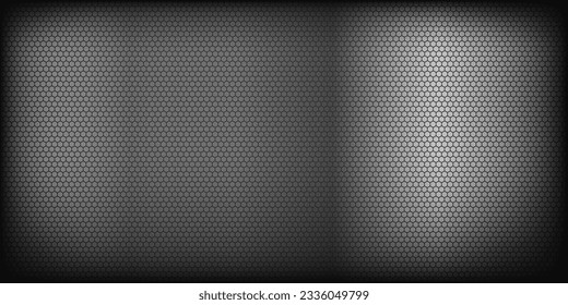 Dark grey abstract wide horizontal banner with hexagon carbon fiber grid and orange luminous lines. Technology vector background with orange neon lines
