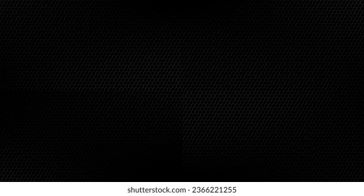 Dark grey abstract wide horizontal banner with hexagon carbon fiber grid and orange luminous lines. Technology vector background with orange neon lines