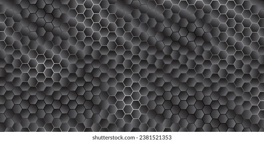Banner horizontal amplio y oscuro de color gris oscuro con rejilla de fibra de carbono hexagonal y líneas luminosas anaranjadas. Fondo vectorial de tecnología con líneas de neón naranja