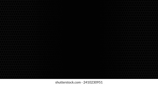 Dark grey abstract wide horizontal banner with hexagon carbon fiber grid and orange luminous lines. Technology vector background neon techno