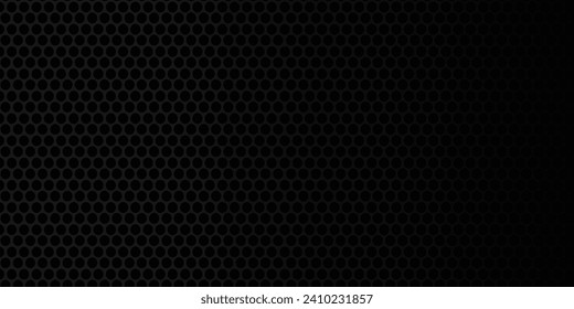 Banner horizontal amplio y oscuro de color gris oscuro con rejilla de fibra de carbono hexagonal y líneas luminosas anaranjadas. Modernismo del fondo vectorial de la tecnología