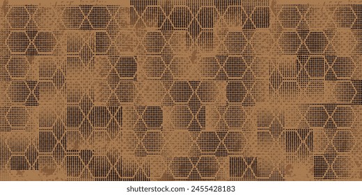 Dark grey abstract wide horizontal banner with hexagon carbon fiber grid and orange luminous lines. Technology vector background with orange neon