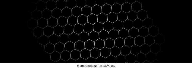 Dark grey abstract wide horizontal banner with hexagon carbon fiber grid and orange luminous lines. Technology vector background with orange neon lines