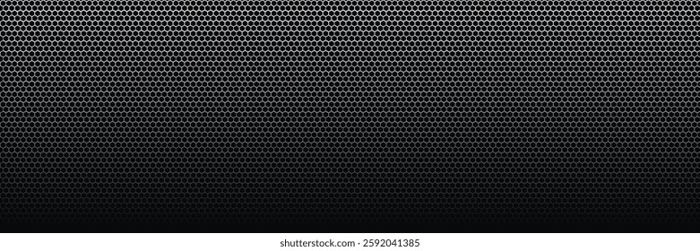 Dark grey abstract wide horizontal banner with hexagon carbon fiber grid and orange luminous lines. Technology vector background with orange neon lines. vector