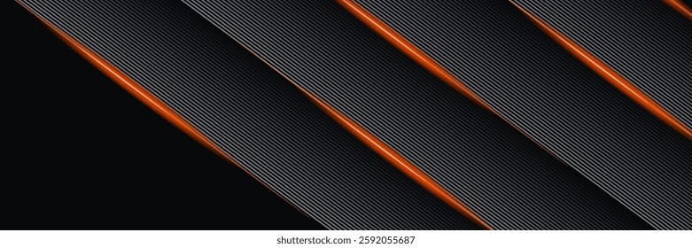 dark grey abstract wide horizontal banner with hexagon carbon fiber grid and orange luminous lines technology vector background with orange neon lines. vector