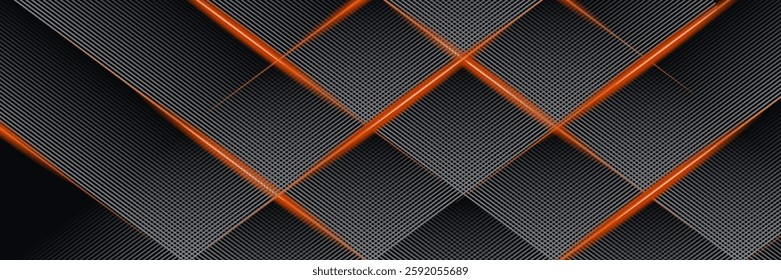 dark grey abstract wide horizontal banner with hexagon carbon fiber grid and orange luminous lines technology vector background with orange neon lines. vector