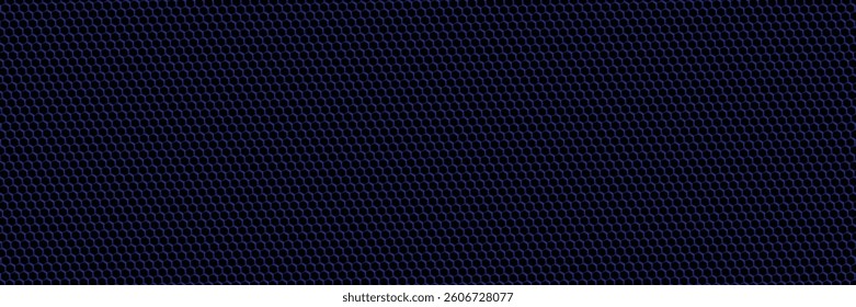 Dark grey abstract wide horizontal banner with hexagon carbon fiber grid and orange luminous lines. Technology vector background with orange neon lines	