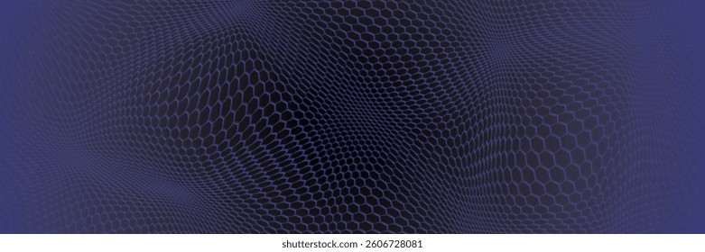 Dark grey abstract wide horizontal banner with hexagon carbon fiber grid and orange luminous lines. Technology vector background with orange neon lines	