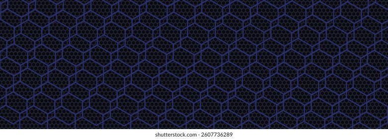 Dark grey abstract wide horizontal banner with hexagon carbon fiber grid and orange luminous lines. Technology vector background with orange neon lines