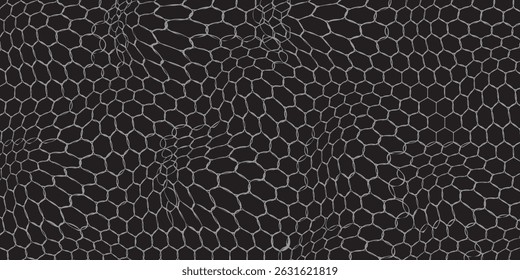 Banner horizontal largo abstrato cinza escuro com grade de fibra de carbono hexágono e linhas luminosas laranja. Fundo de vetor de tecnologia com linhas de neon laranja