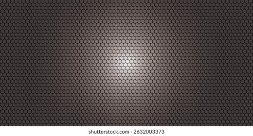Banner horizontal largo abstrato cinza escuro com grade de fibra de carbono hexágono e linhas luminosas laranja. Fundo de vetor de tecnologia com linhas de neon laranja	