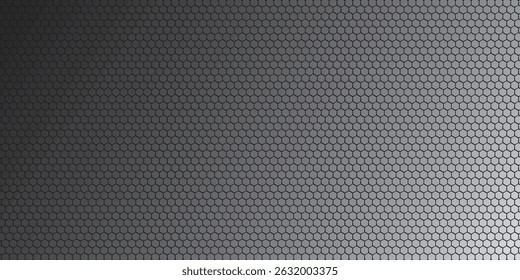 Banner horizontal largo abstrato cinza escuro com grade de fibra de carbono hexágono e linhas luminosas laranja. Fundo de vetor de tecnologia com linhas de neon laranja	