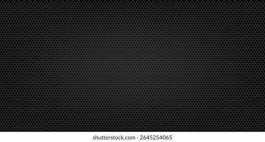 Banner horizontal largo abstrato cinza escuro com grade de fibra de carbono hexágono e linhas luminosas laranja. Fundo de vetor de tecnologia com linhas de neon laranja