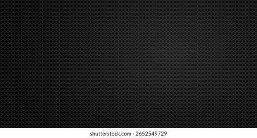 Banner horizontal largo abstrato cinza escuro com grade de fibra de carbono hexágono e linhas luminosas laranja. Fundo de vetor de tecnologia com linhas de neon laranja