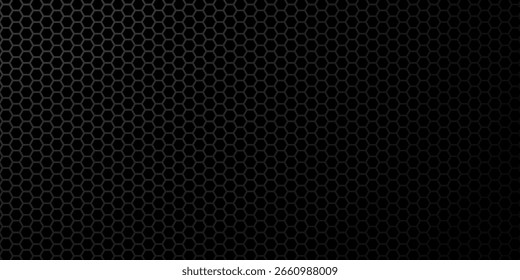 Banner horizontal largo abstrato cinza escuro com grade de fibra de carbono hexágono e linhas luminosas laranja. Fundo de vetor de tecnologia com linhas de neon laranja