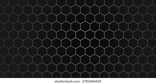 Dark grey abstract wide horizontal banner with hexagon carbon fiber grid and orange luminous lines.