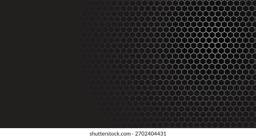 Dark grey abstract wide horizontal banner with hexagon carbon fiber grid and orange luminous lines.