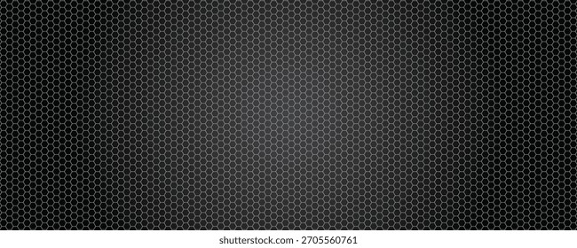 Banner horizontal largo abstrato cinza escuro com grade de fibra de carbono hexágono e linhas luminosas laranja. Fundo de vetor de tecnologia com linhas de neon laranja