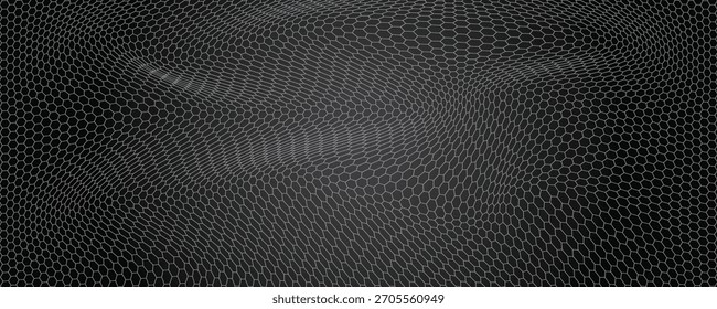 Banner horizontal largo abstrato cinza escuro com grade de fibra de carbono hexágono e linhas luminosas laranja. Fundo de vetor de tecnologia com linhas de neon laranja