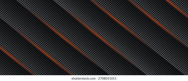 banner horizontal largo abstrato cinza escuro com grade de fibra de carbono hexágono e fundo de vetor de tecnologia de linhas luminosas laranja com linhas de neon laranja. vetor
