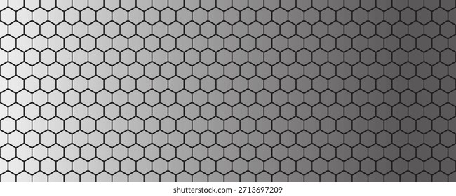 Anuncio Horizontal ancho abstracto gris oscuro con rejilla hexagonal de fibra de carbono y líneas luminosas naranjas. Fondo de Vector de Tecnología con líneas de neón naranja	