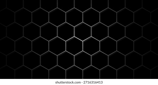 Banner horizontal largo abstrato cinza escuro com grade de fibra de carbono hexágono e linhas luminosas laranja