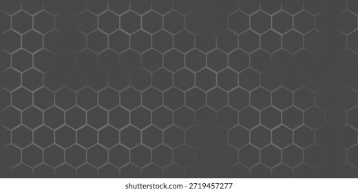 Banner horizontal largo abstrato cinza escuro com grade de fibra de carbono hexágono e linhas luminosas laranja. Fundo de vetor de tecnologia com linhas de neon laranja	