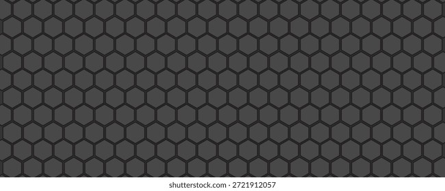 Banner horizontal largo abstrato cinza escuro com grade de fibra de carbono hexágono e linhas luminosas laranja. Fundo de vetor de tecnologia com linhas de neon laranja

