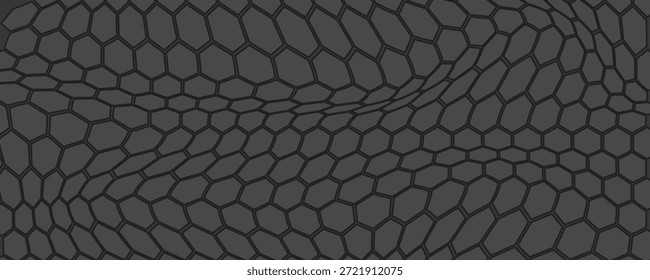 Banner horizontal largo abstrato cinza escuro com grade de fibra de carbono hexágono e linhas luminosas laranja. Fundo de vetor de tecnologia com linhas de neon laranja

